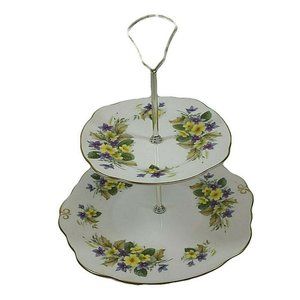 Duchess 2 Tier Serving Tray Purple & Yellow Flowers Scalloped w/ Gold Trim China
